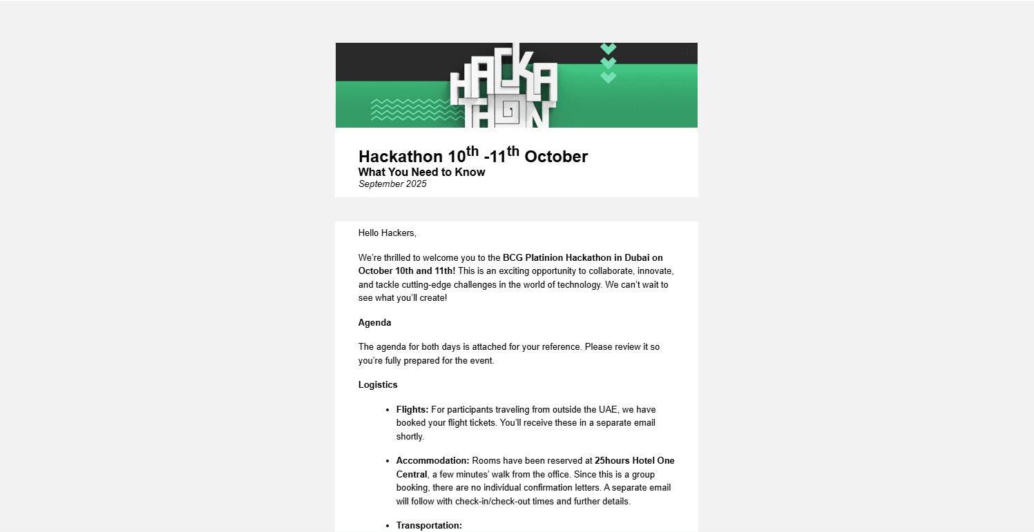 The official welcome email confirming the BCG Platinion hackathon dates